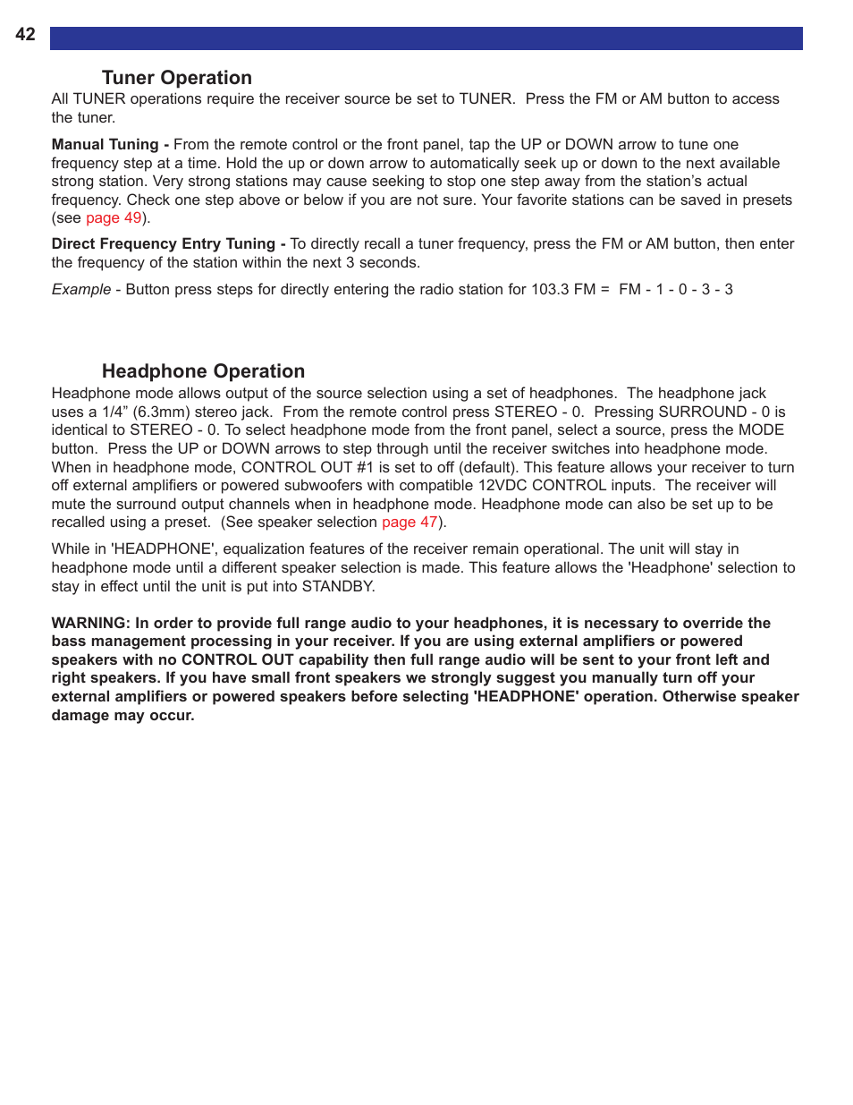 Tuner operation, Headphone operation | B&K AVR515 User Manual | Page 44 / 64