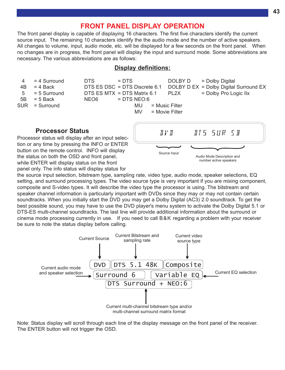 Front panel display operation, Processor status | B&K AVR515 User Manual | Page 45 / 64