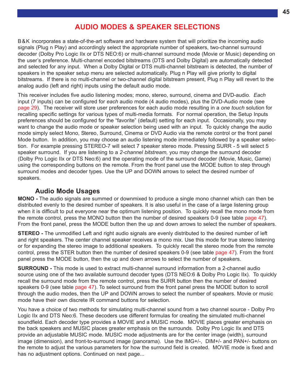 Audio modes & speaker select, Audio mode usages, Audio modes & speaker selections | Music mode. see, For a description of what these settings do, Memory backup/restore | B&K AVR515 User Manual | Page 47 / 64