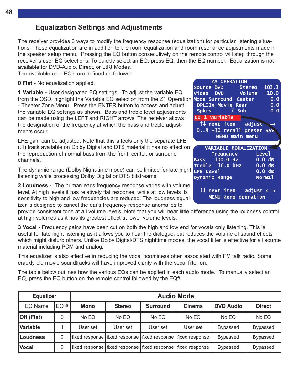 Equalization settings and ad, Equalization settings and adjustments, Audio mode | B&K AVR515 User Manual | Page 50 / 64