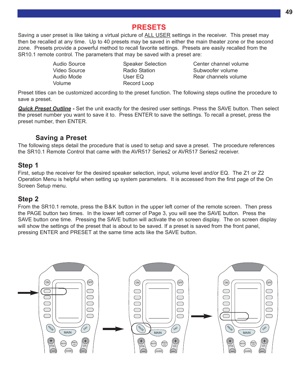 Presets, Saving a preset, Ve button. see | Step 1, Step 2 | B&K AVR515 User Manual | Page 51 / 64