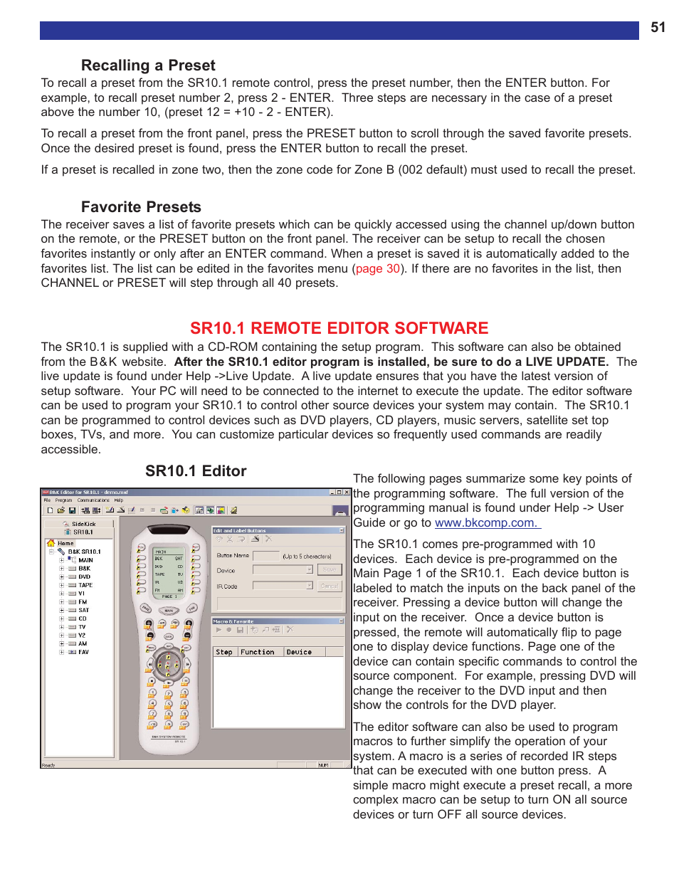 Recalling a preset, Favorite presets, Sr10.1 remote editor software | For instructions on programming the sr10.1 see | B&K AVR515 User Manual | Page 53 / 64