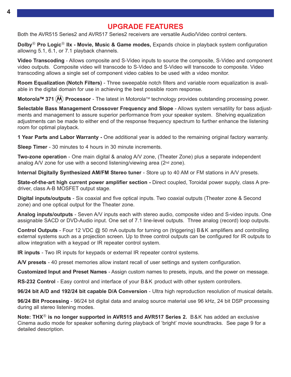 Upgrade features | B&K AVR515 User Manual | Page 6 / 64