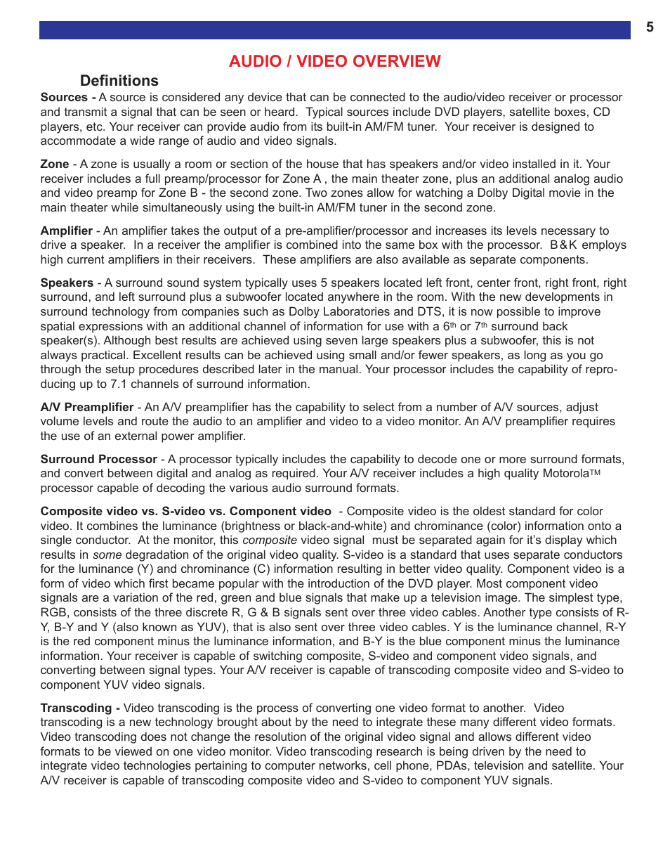 Audio / video overview, Definitions | B&K AVR515 User Manual | Page 7 / 64