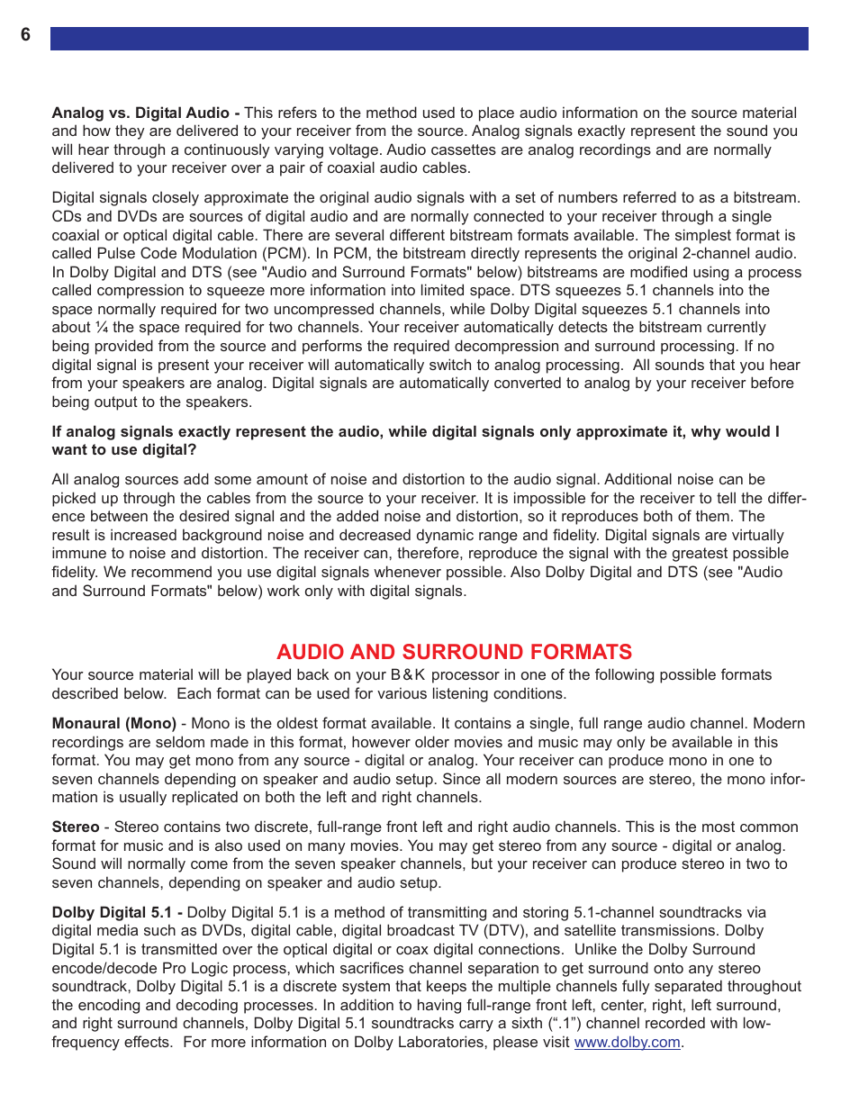 Audio and surround formats | B&K AVR515 User Manual | Page 8 / 64