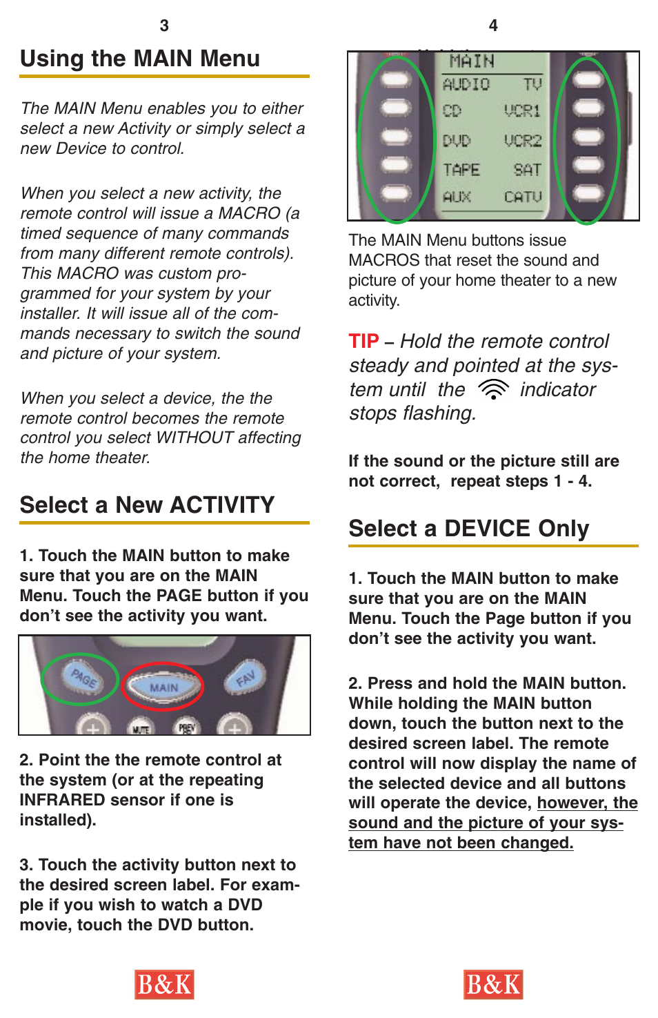 Select a device only, Using the main menu, Select a new activity | B&K SR10.1 User Manual | Page 4 / 9