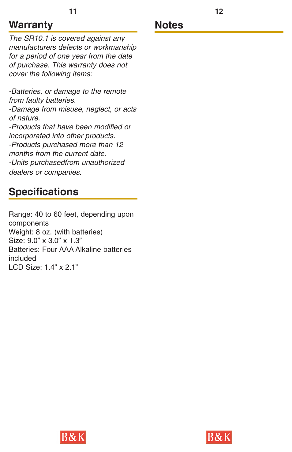 Batteries, Cleaning the screen, Warranty | Batteries 10, Specifications | B&K SR10.1 User Manual | Page 8 / 9