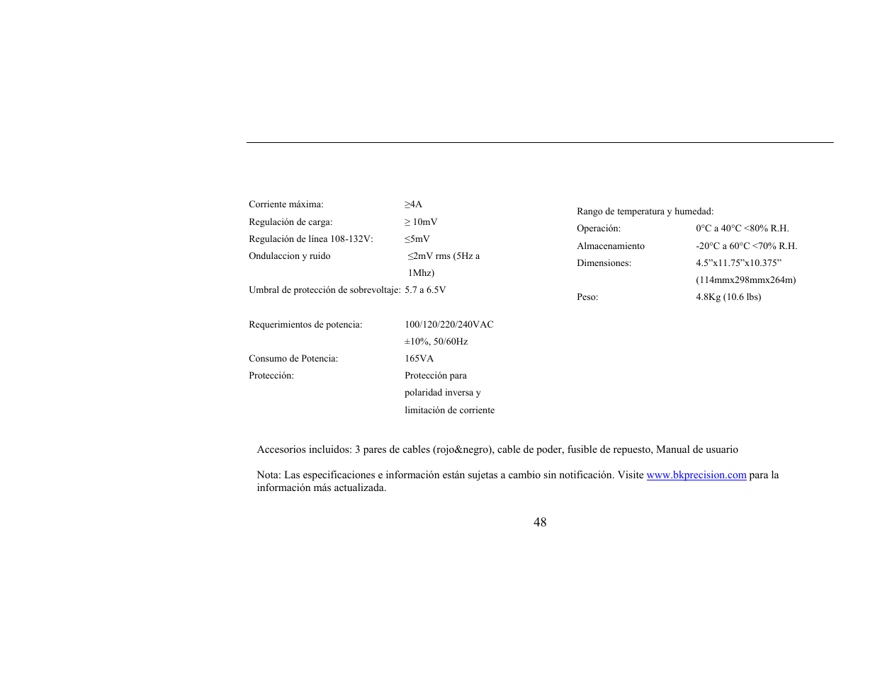 48 especificaciones | B&K Precision 1651A - Manual User Manual | Page 52 / 88