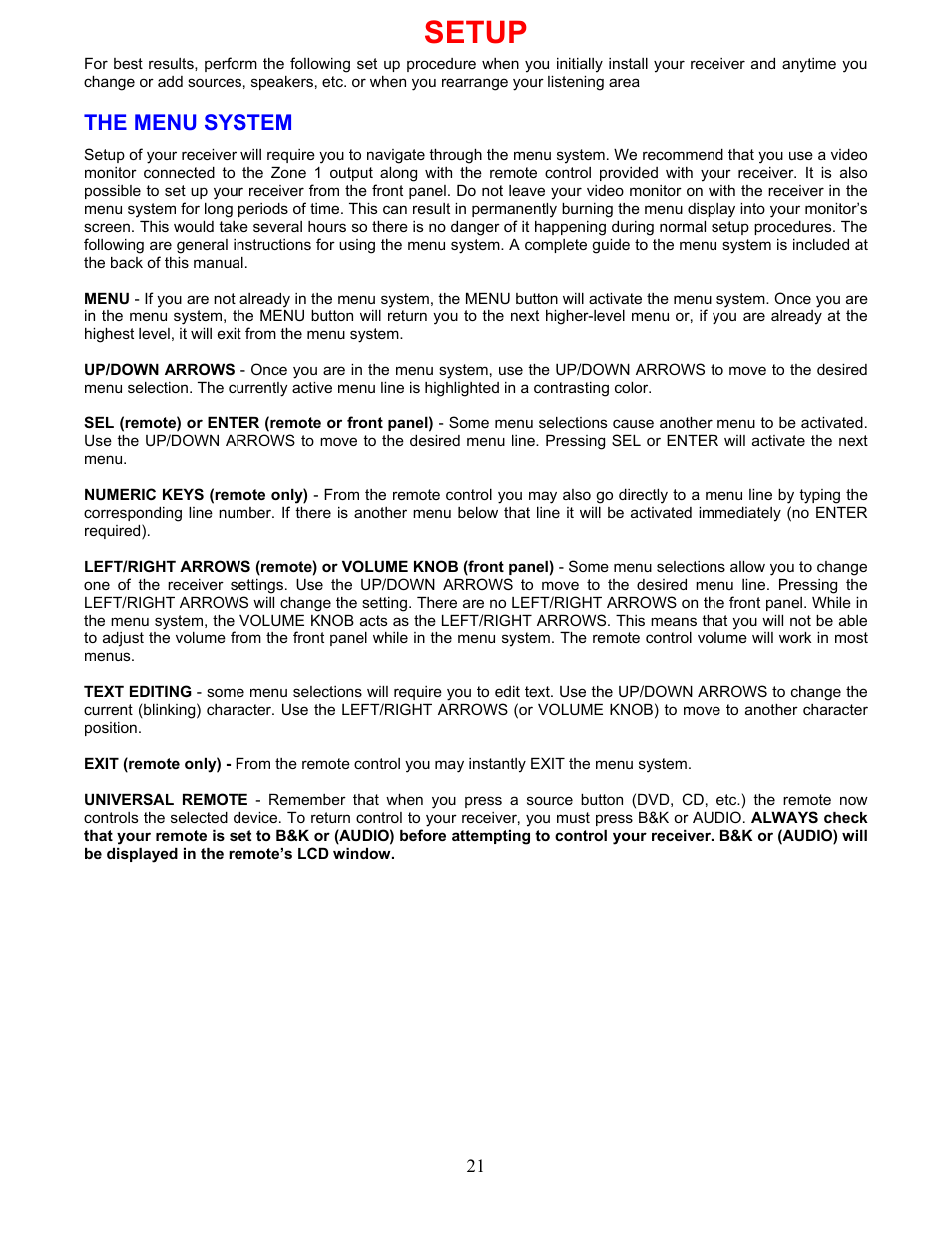 Setup, The menu system | B&K AVR317 User Manual | Page 25 / 88