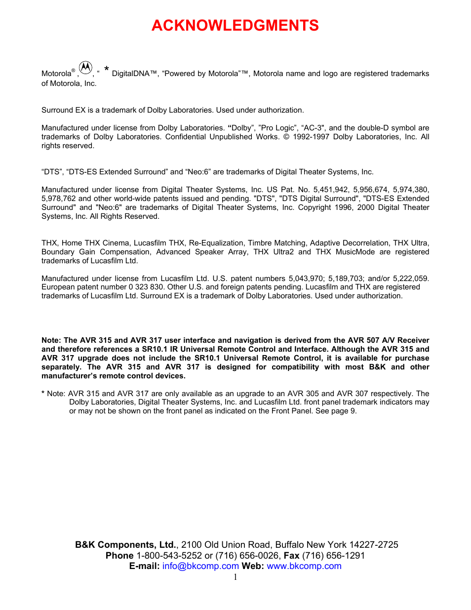 Acknowledgments | B&K AVR317 User Manual | Page 5 / 88