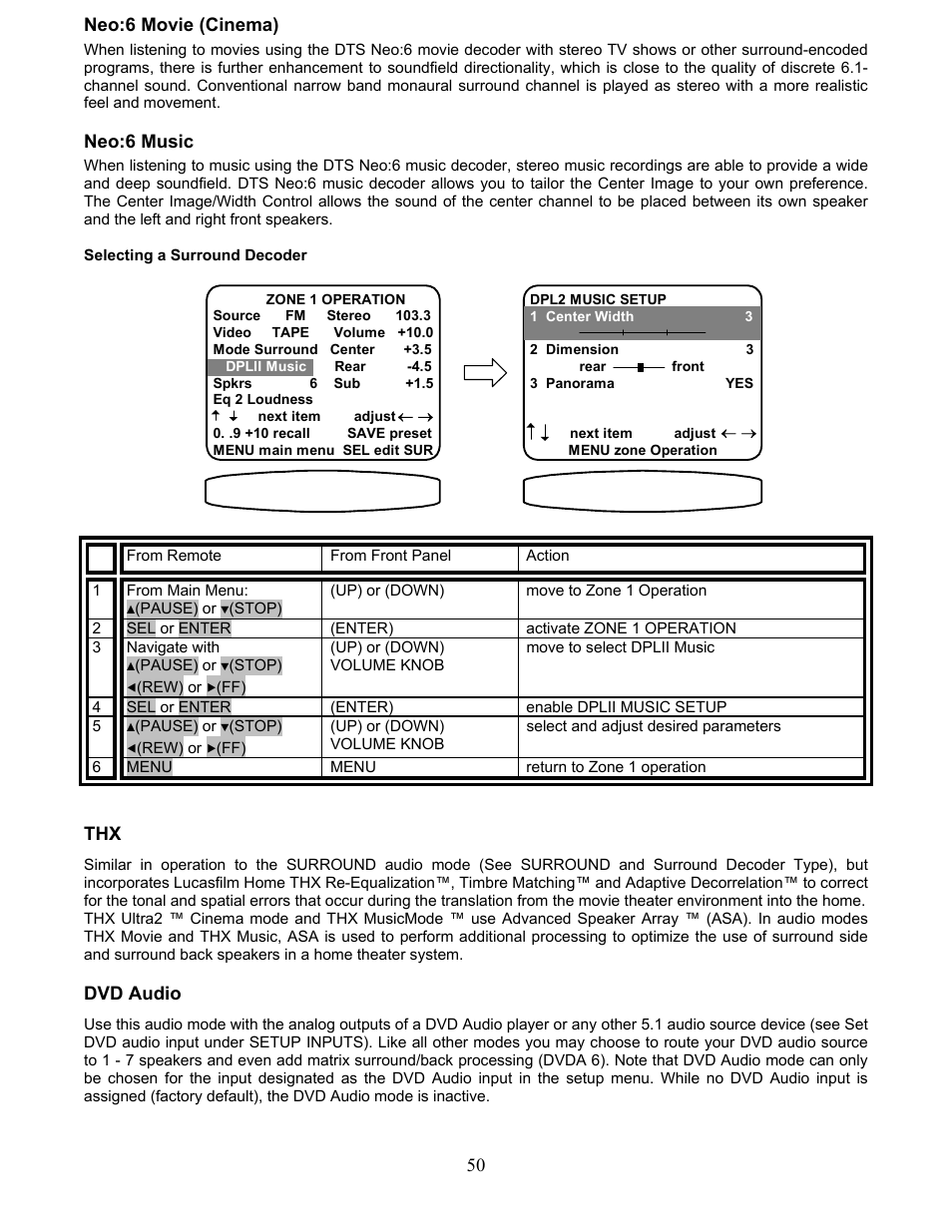 Neo:6 movie (cinema), Neo:6 music, Dvd audio | B&K AVR317 User Manual | Page 54 / 88