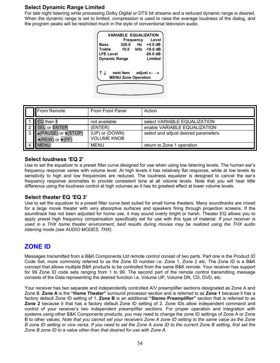 Zone id, Select dynamic range limited, Select loudness ‘eq 2 | Select theater eq ‘eq 3 | B&K AVR317 User Manual | Page 58 / 88