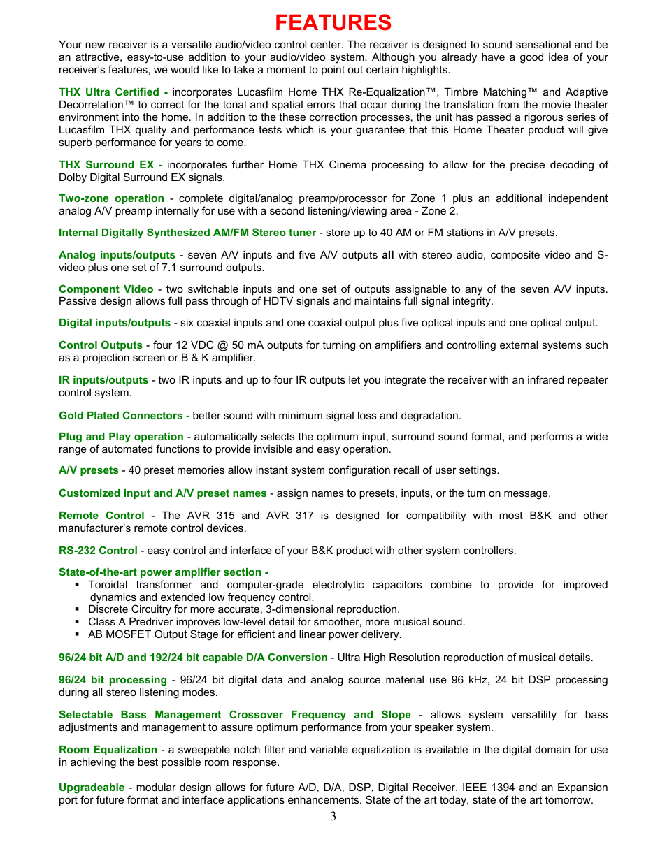 Features | B&K AVR317 User Manual | Page 7 / 88