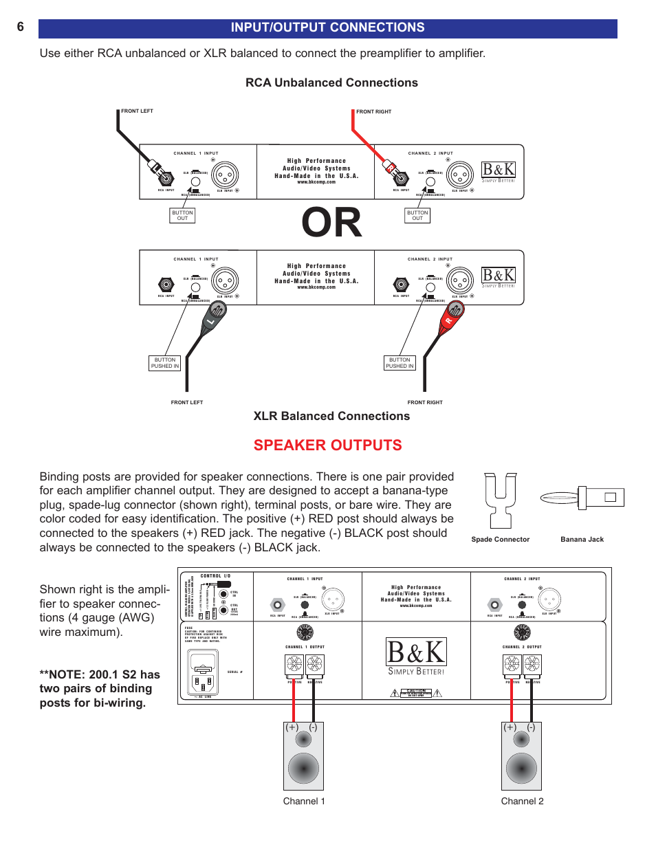 Input/output connections, Speaker outputs, Rca unbalanced connections | Xlr balanced connections, Channel 1 (-) (+) channel 2 (-) (+) | B&K 200.2 S2 User Manual | Page 8 / 12