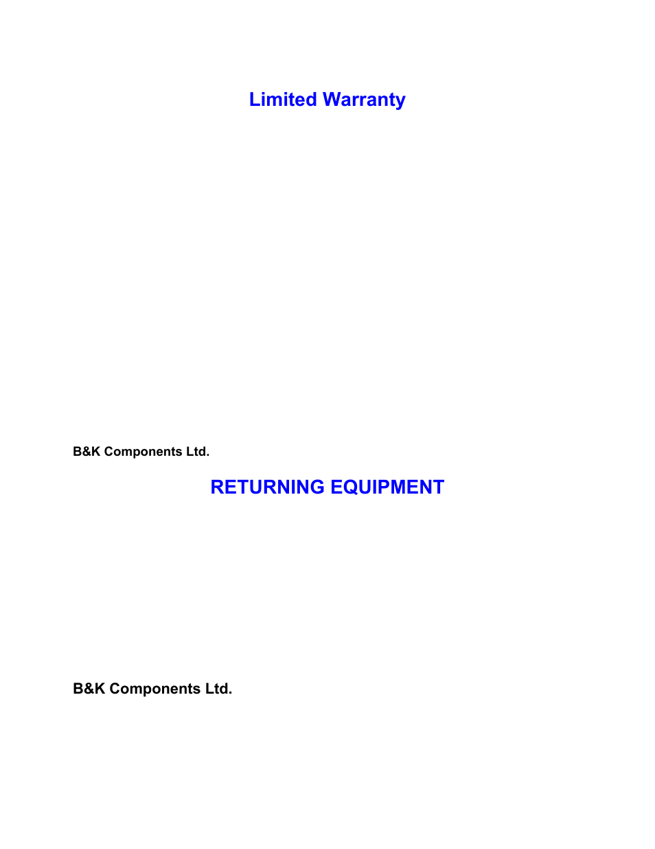Limited warranty, Returning equipment | B&K 7260 series User Manual | Page 14 / 16