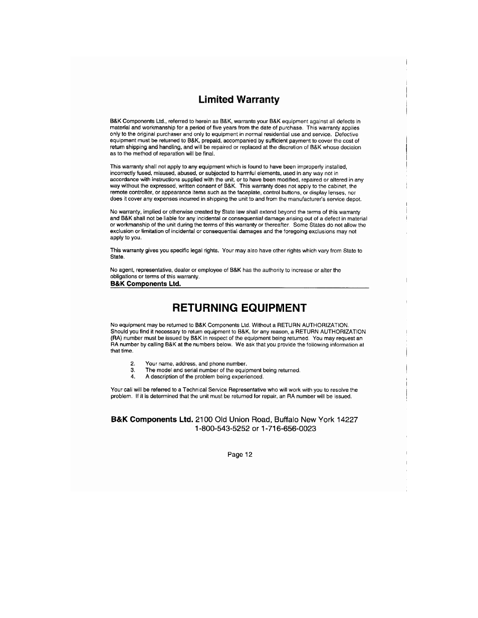 Limited warranty, Returning equipment, B&k components ltd | B&K ST1400 User Manual | Page 13 / 14