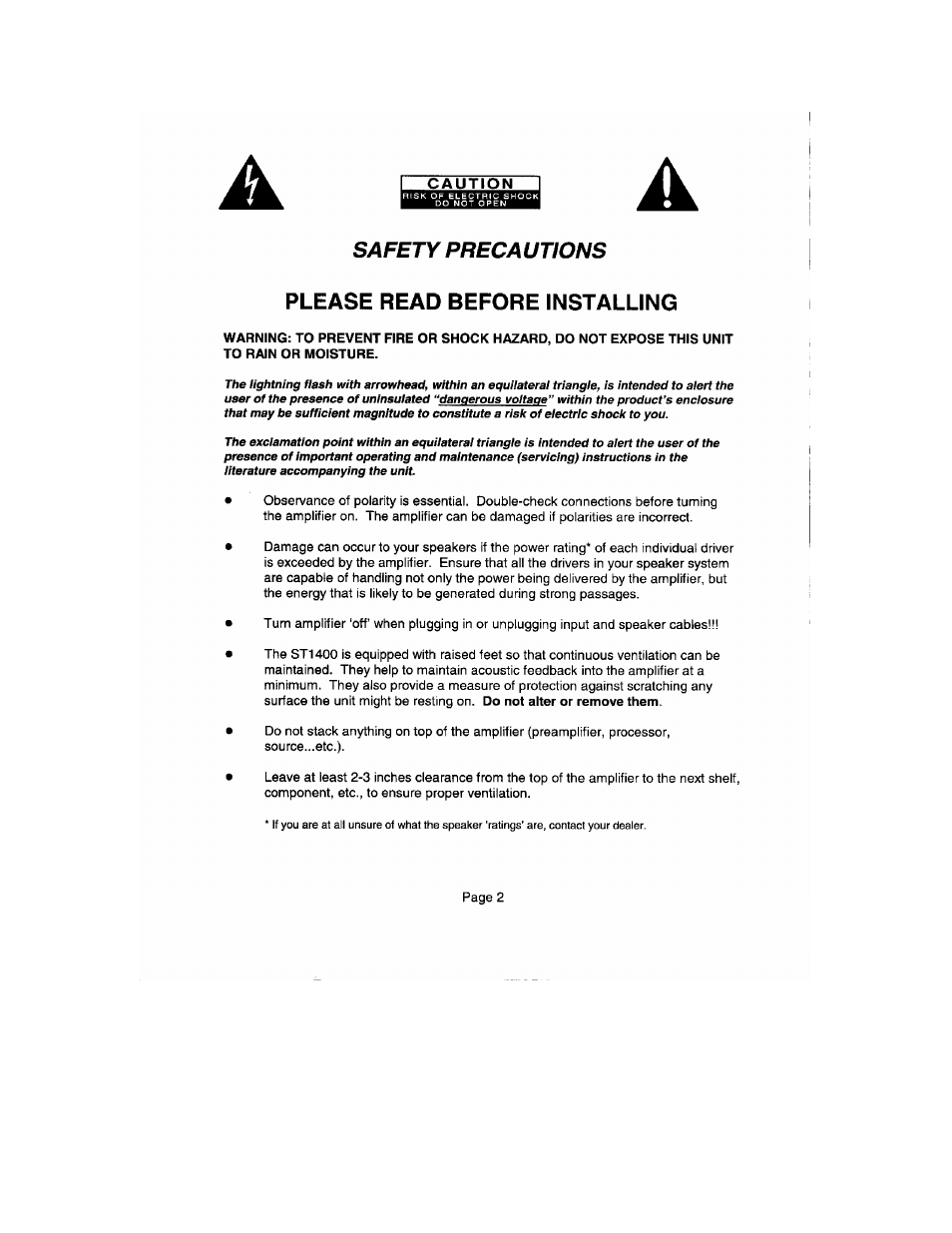 Safety precautions please read before installing | B&K ST1400 User Manual | Page 3 / 14