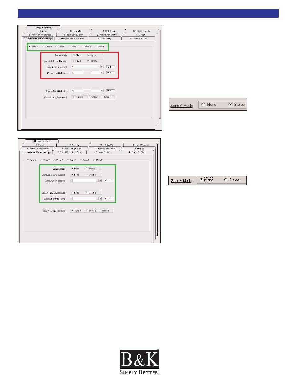 Hardware zone settings - tab, Hardware zone settings - tab 1 | B&K CT600 User Manual | Page 42 / 88