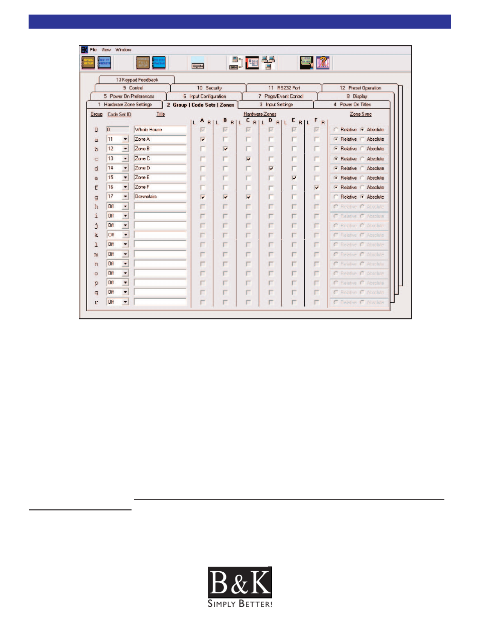 Groups / code sets / zones, Groups / code sets / zones - tab 2 | B&K CT600 User Manual | Page 46 / 88