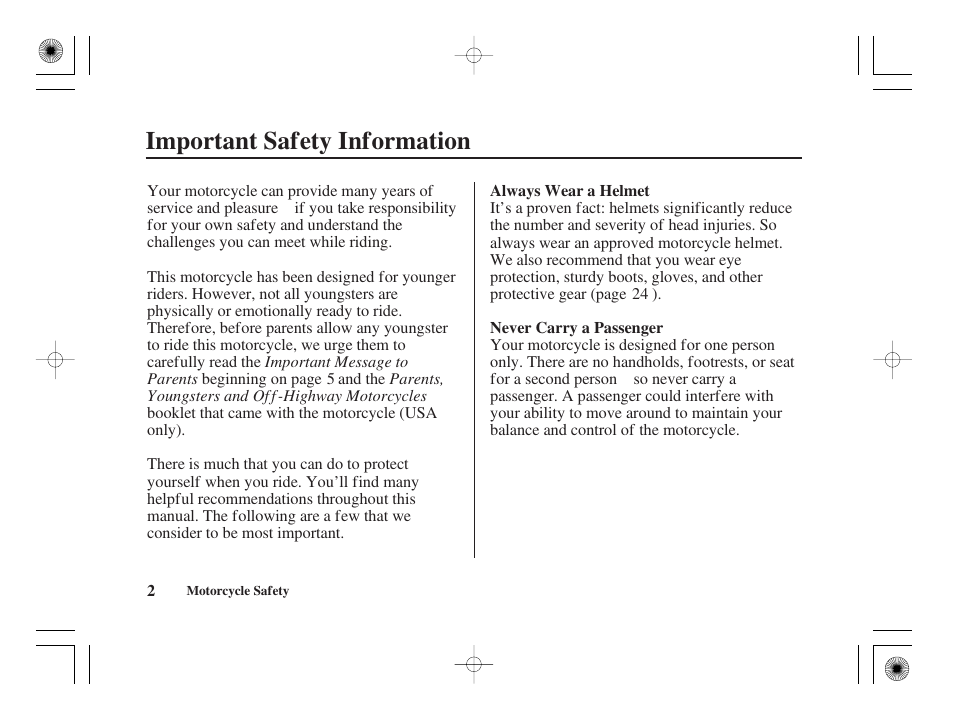 Important safety information | HONDA CRF50F User Manual | Page 10 / 172