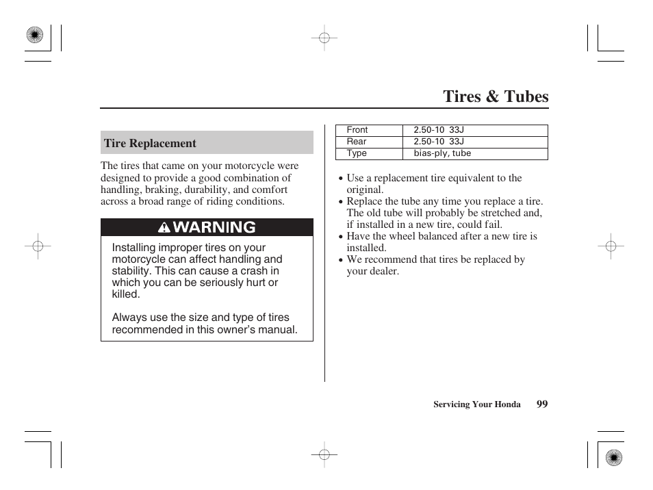 Tires & tubes | HONDA CRF50F User Manual | Page 107 / 172