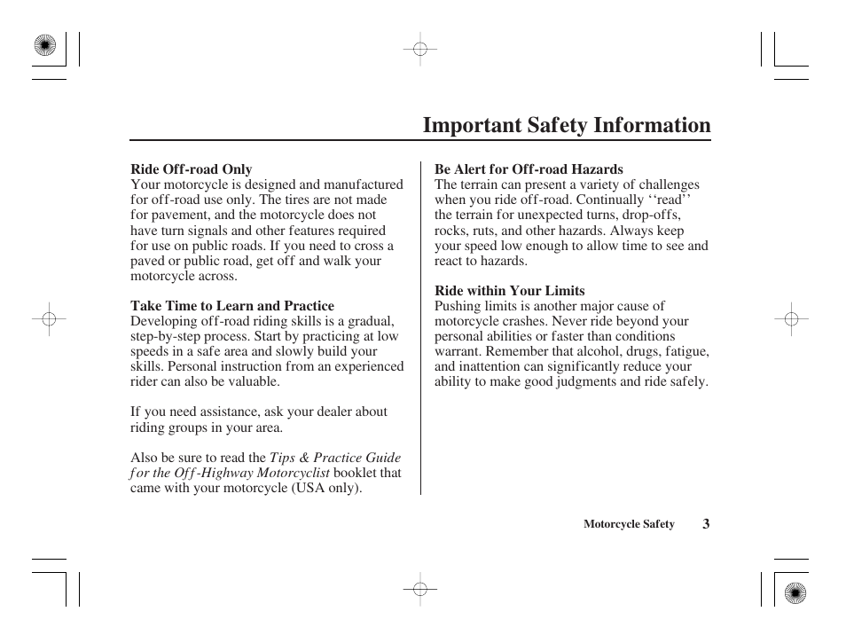 Important safety information | HONDA CRF50F User Manual | Page 11 / 172