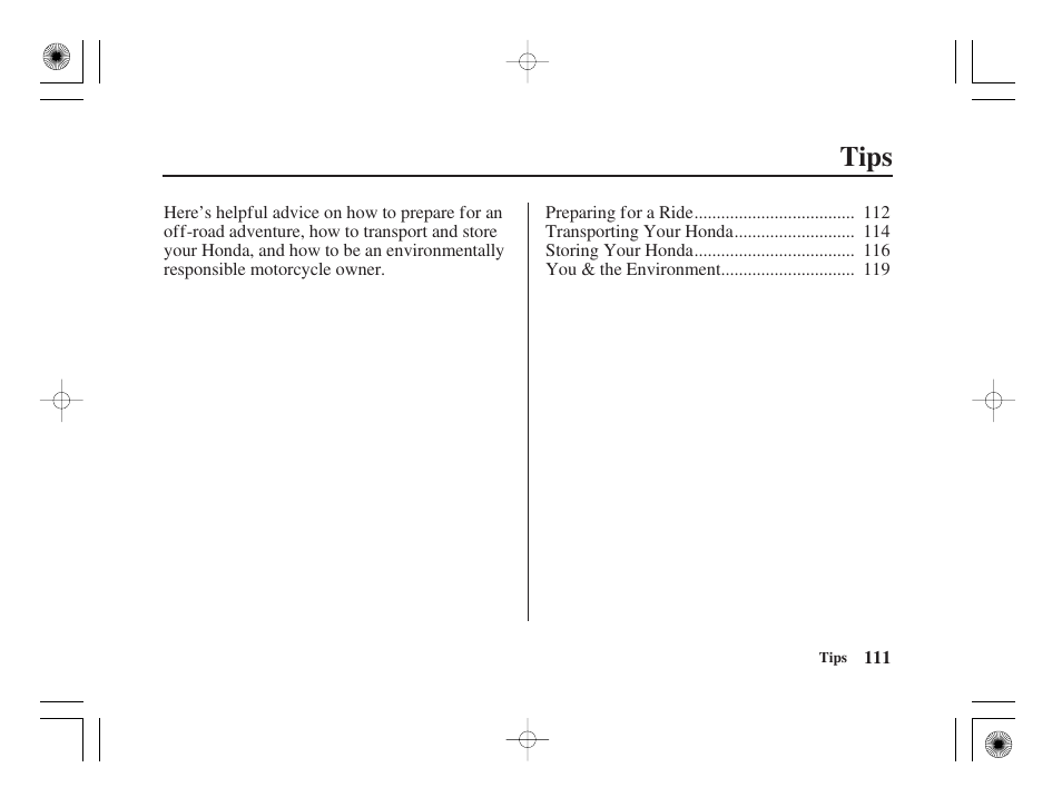 Tips | HONDA CRF50F User Manual | Page 119 / 172