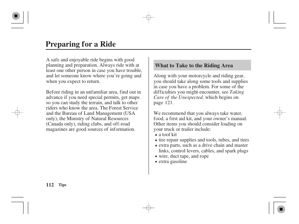 Preparing for a ride | HONDA CRF50F User Manual | Page 120 / 172