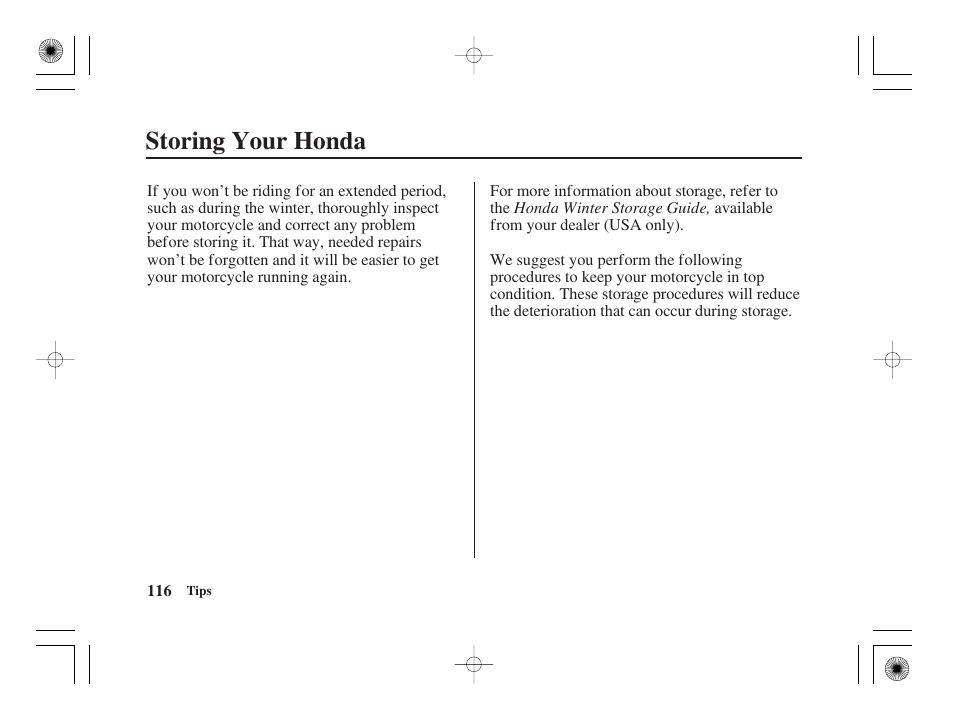 Storing your honda | HONDA CRF50F User Manual | Page 124 / 172