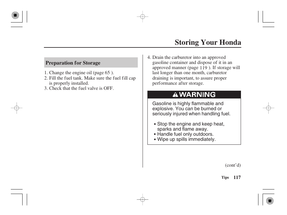 Storing your honda | HONDA CRF50F User Manual | Page 125 / 172