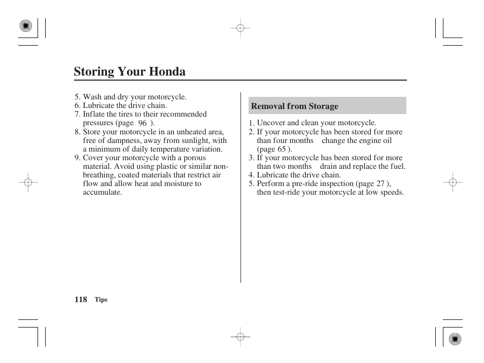 Storing your honda | HONDA CRF50F User Manual | Page 126 / 172