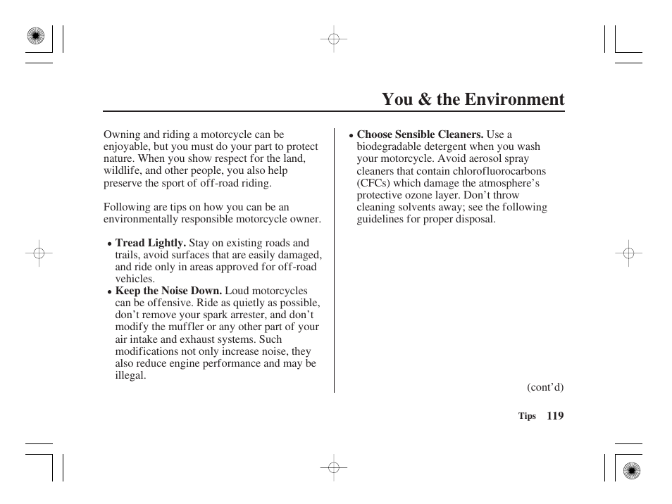 You & the environment | HONDA CRF50F User Manual | Page 127 / 172