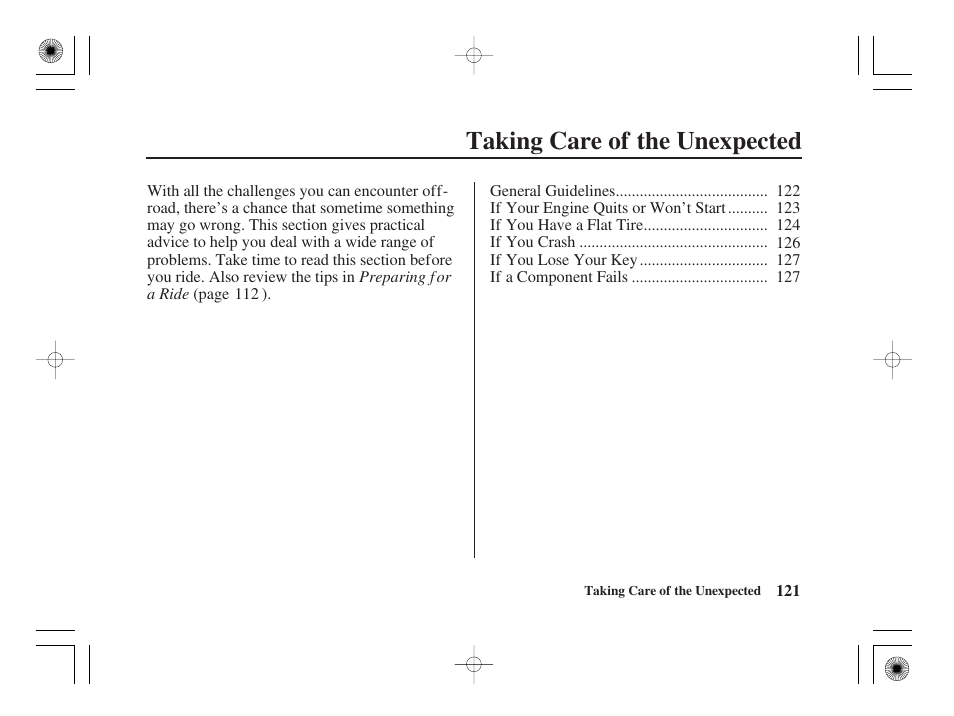 Taking care of the unexpected | HONDA CRF50F User Manual | Page 129 / 172