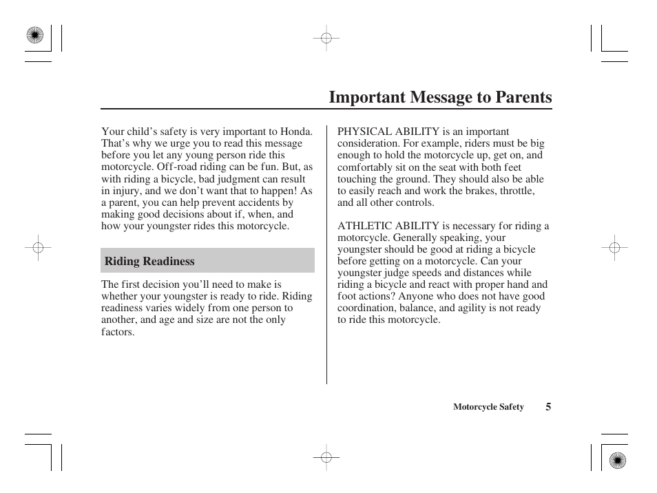 Important message to parents | HONDA CRF50F User Manual | Page 13 / 172