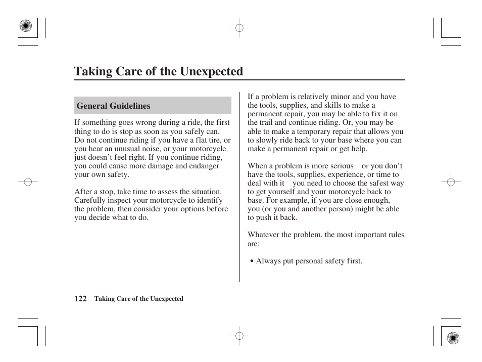 Taking care of the unexpected | HONDA CRF50F User Manual | Page 130 / 172