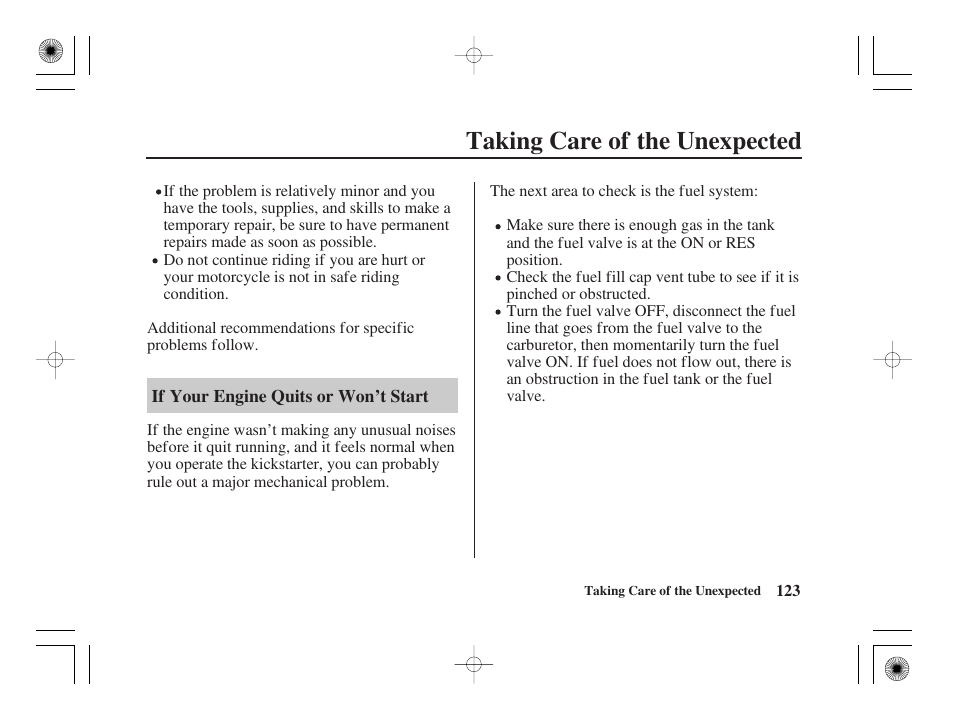 Taking care of the unexpected | HONDA CRF50F User Manual | Page 131 / 172