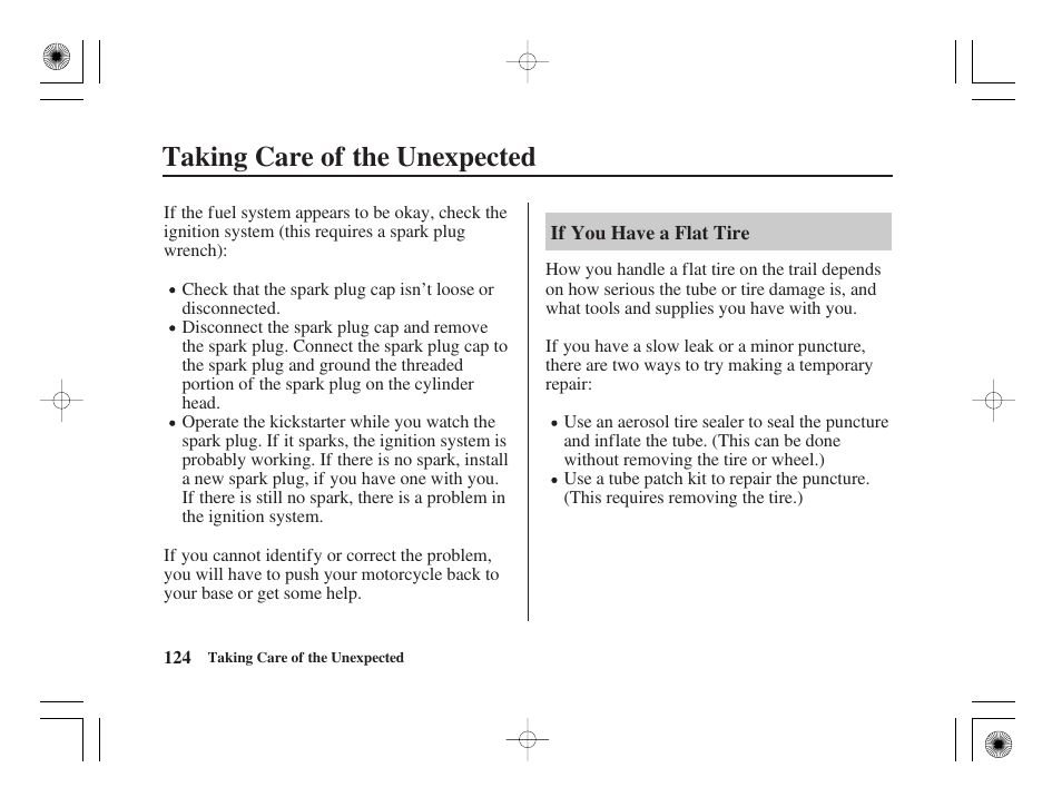 Taking care of the unexpected | HONDA CRF50F User Manual | Page 132 / 172