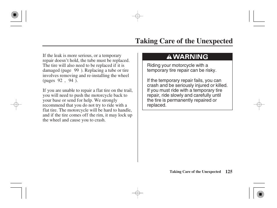 Taking care of the unexpected | HONDA CRF50F User Manual | Page 133 / 172