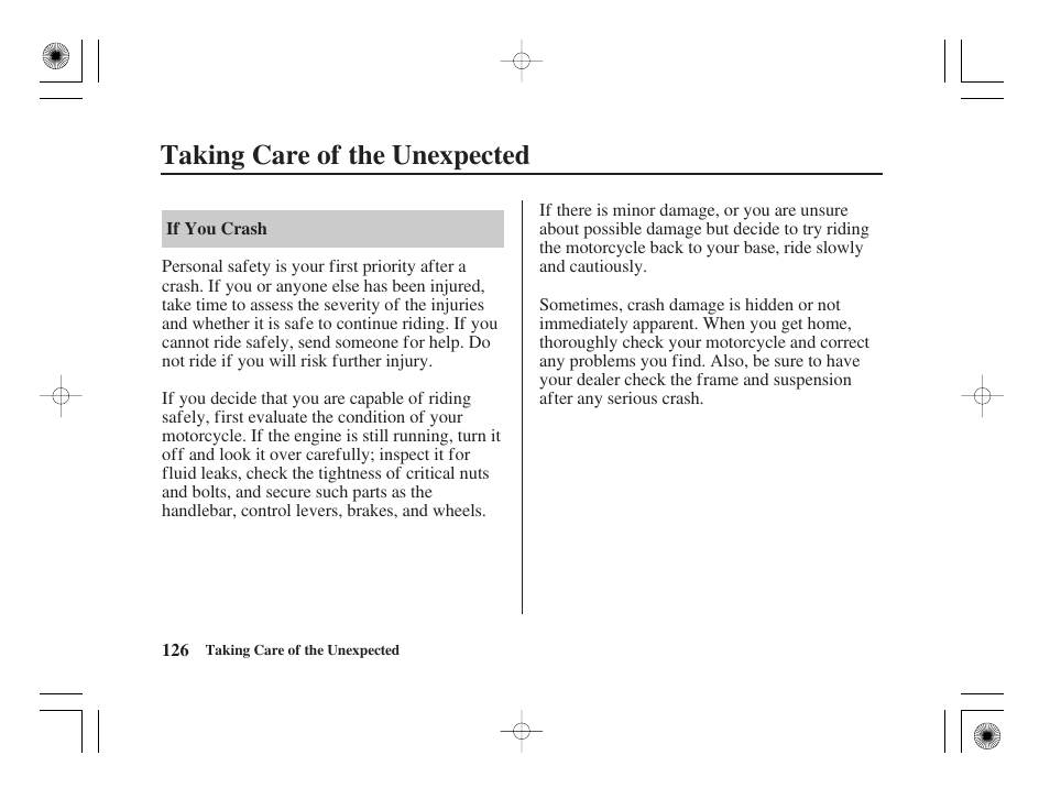 Taking care of the unexpected | HONDA CRF50F User Manual | Page 134 / 172