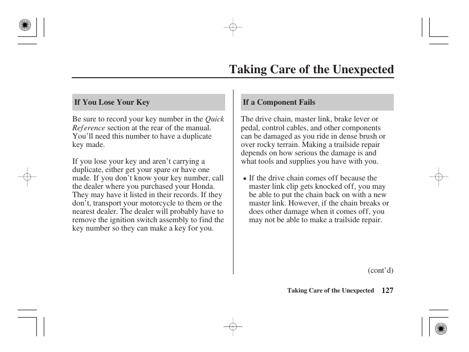 Taking care of the unexpected | HONDA CRF50F User Manual | Page 135 / 172