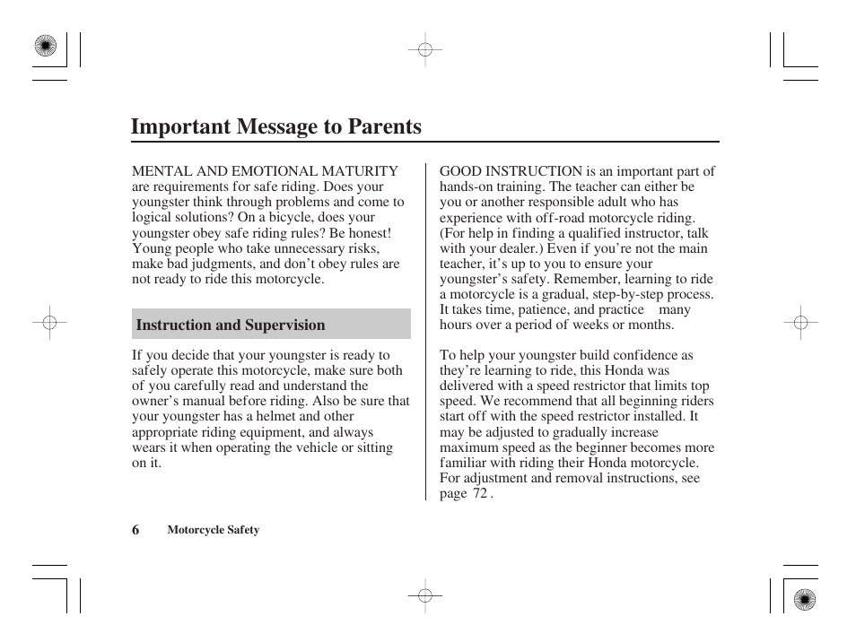 Important message to parents | HONDA CRF50F User Manual | Page 14 / 172