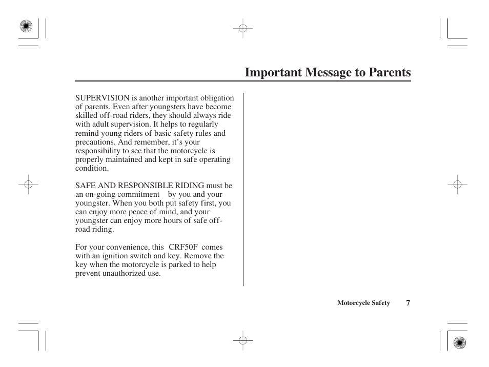 Important message to parents | HONDA CRF50F User Manual | Page 15 / 172