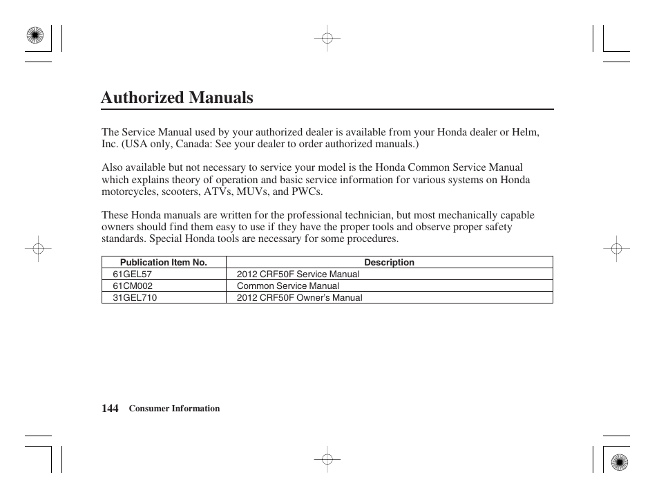 Authorized manuals | HONDA CRF50F User Manual | Page 152 / 172