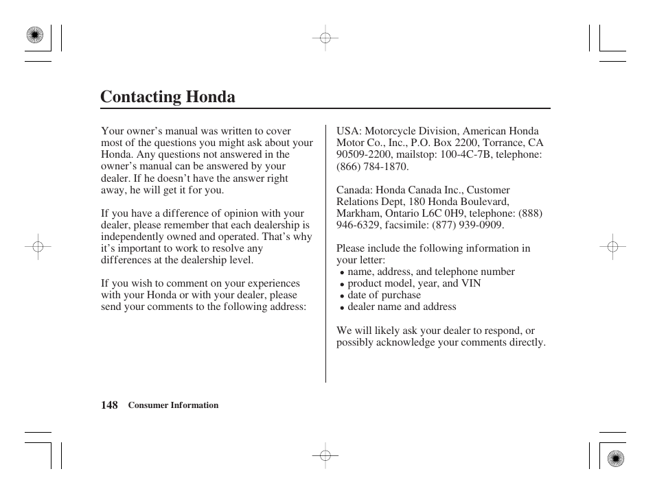 Contacting honda | HONDA CRF50F User Manual | Page 156 / 172