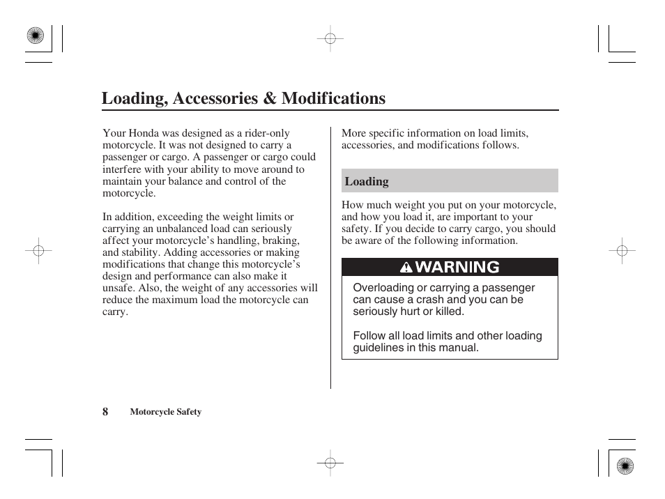 Loading, accessories & modifications | HONDA CRF50F User Manual | Page 16 / 172