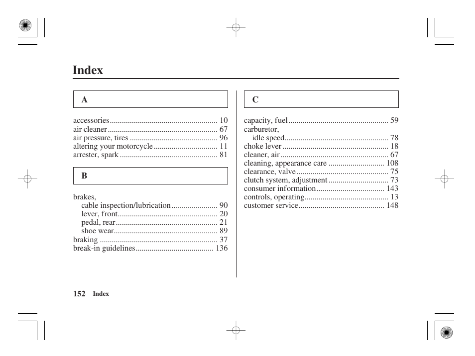 Index | HONDA CRF50F User Manual | Page 160 / 172