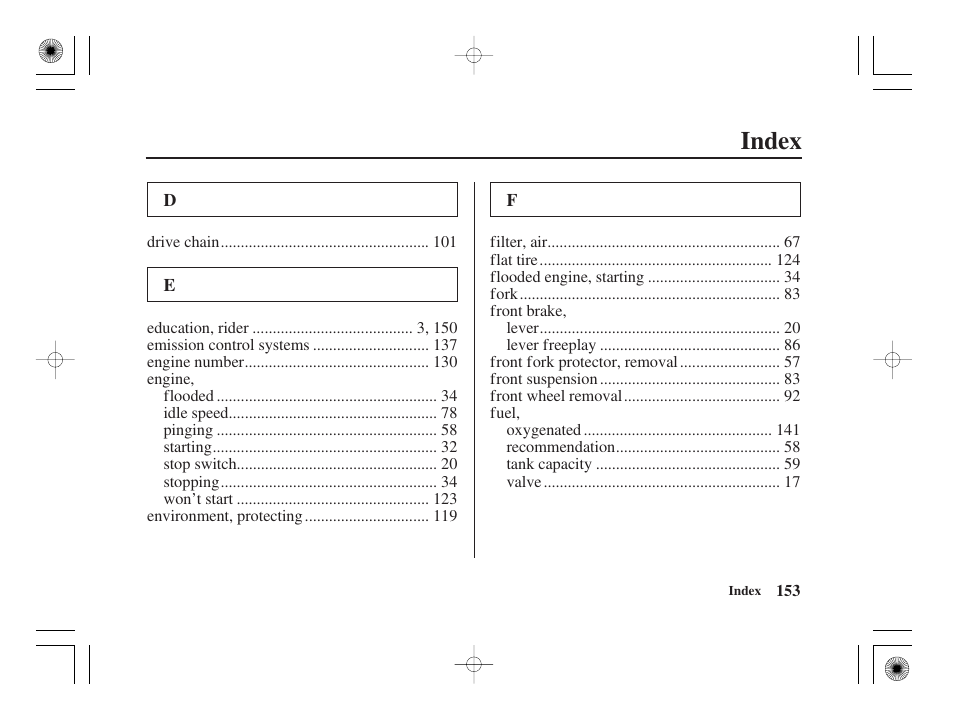 Index | HONDA CRF50F User Manual | Page 161 / 172