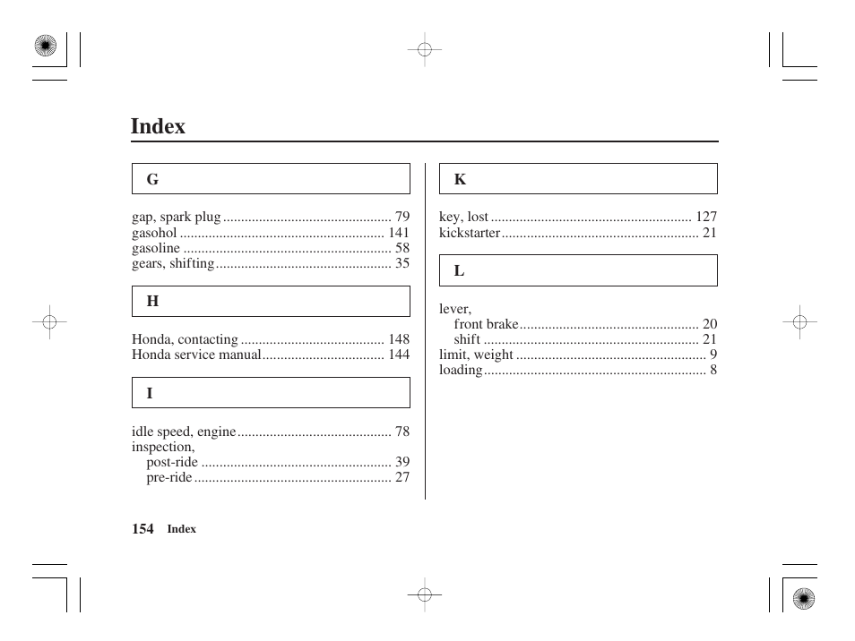 Index | HONDA CRF50F User Manual | Page 162 / 172