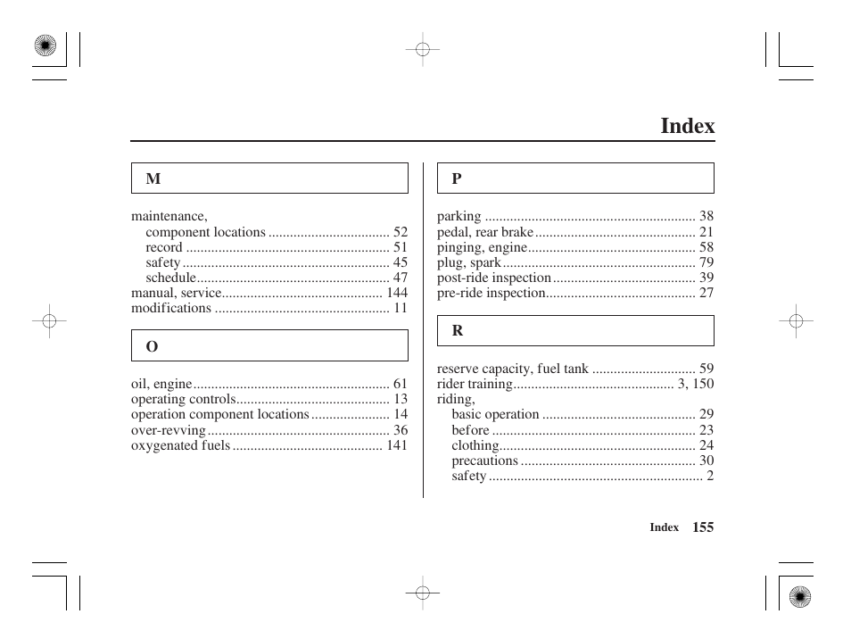Index | HONDA CRF50F User Manual | Page 163 / 172
