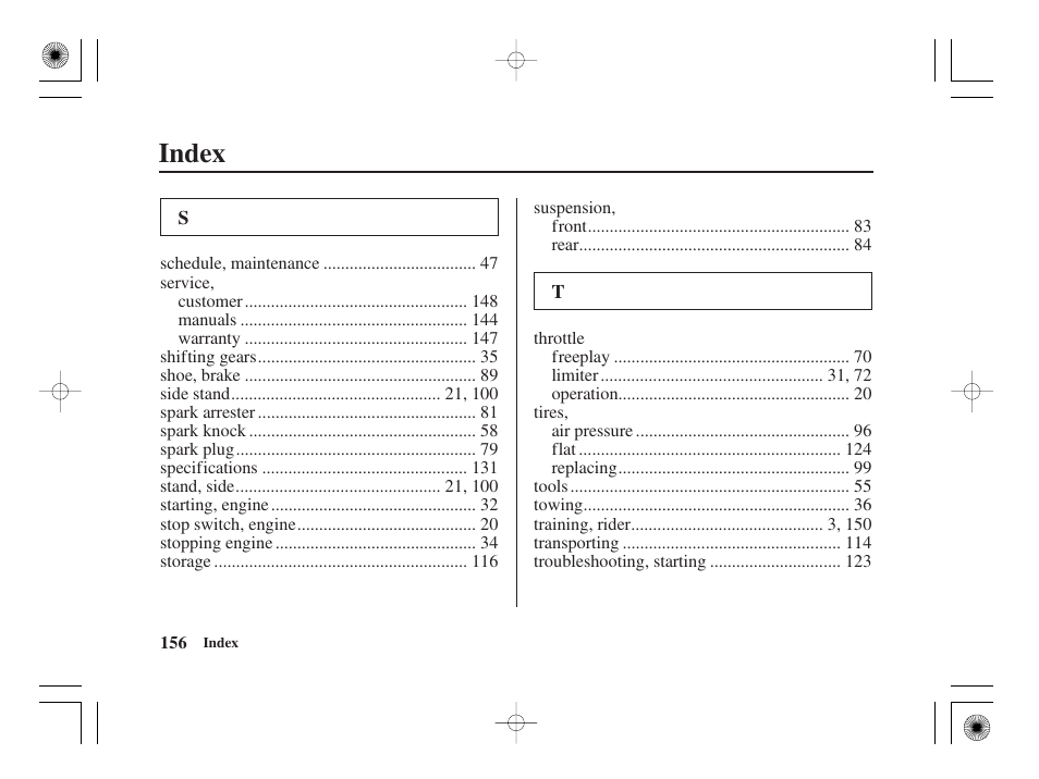 Index | HONDA CRF50F User Manual | Page 164 / 172